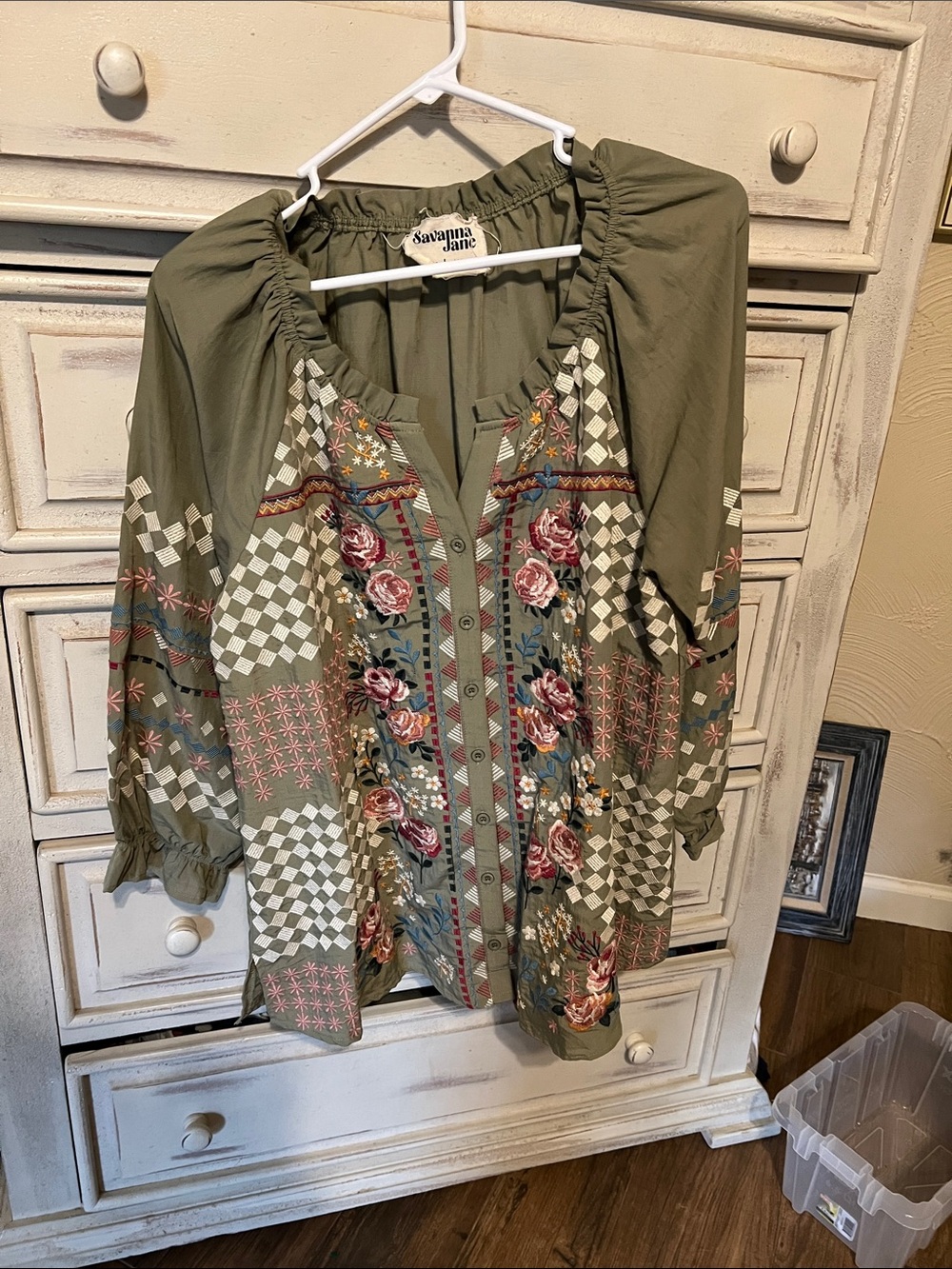 Savanna Jane Olive Button-Front Floral Patchwork Blouse